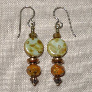Hand Crafted Handmade Earrings Green & Orange Czech Glass Long Earrings